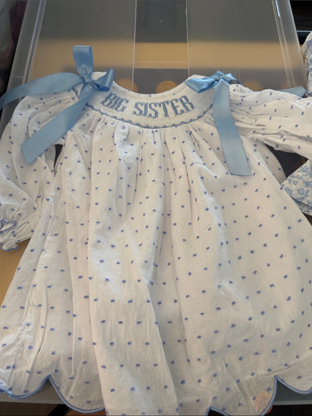 Big Sister White and Light Blue Smocked Baby Dress